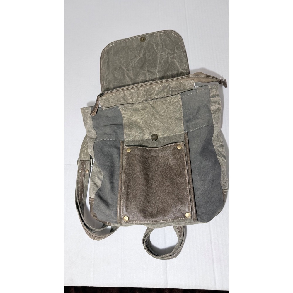 Myra Bag Chateau Marseille Upcycled Canvas Leather Backpack Grey Brown Vintage - Picture 4 of 8